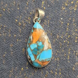 Sterling Silver Spiny Oyster Turquoise Teardrop Stone Pendant